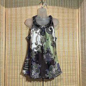 Dress Barn Purple White Green Paisley Halterneck Silk Feel Long Tank Top Large